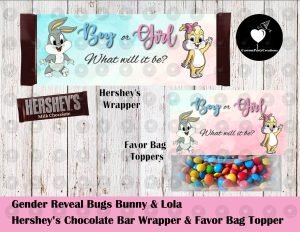 Bugs and Lola Gender Reveal Hershey's Wrapper and Favor Bag Toppers