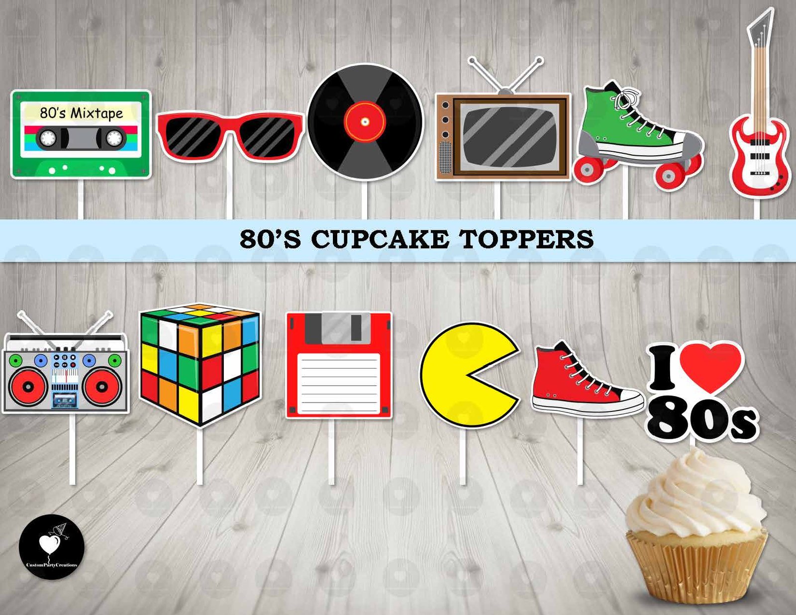 80's Theme Cupcake Toppers 1 80's Theme Cupcake Toppers