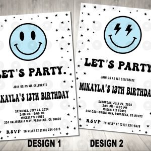 Blue Pink Smiley Face Invitation Birthday Party