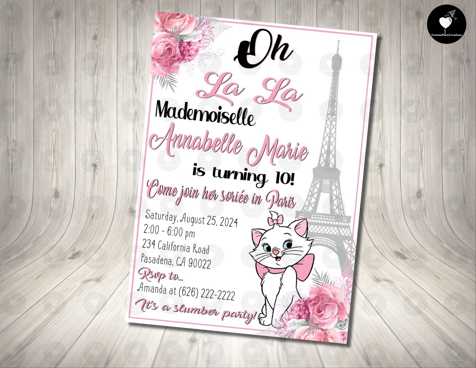 Marie the Cat Paris Invitation Birthday Party 1 Marie the Car Paris Invitation Birthday Party