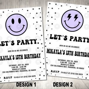 Purple Face Smiley Face Invitation Birthday Party