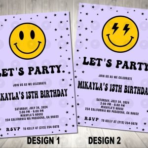 Purple Smiley Face Invitation Birthday Party