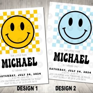 Checkered Smiley Face for Boys Invitation Birthday Party