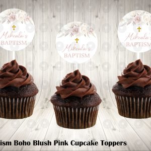Boho Floral Pampas Baptism Round Cupcake Toppers