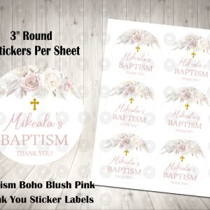 Boho Floral Pampas Baptism 3" Round Thank You Stickers