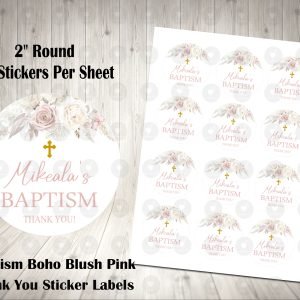 Boho Floral Pampas Baptism 2" Round Thank You Stickers