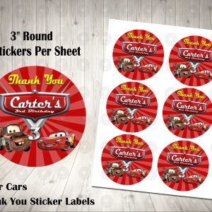 Cars Pixar 3" Round Thank You Stickers