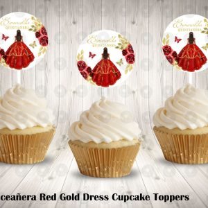 Red Gold Floral Princess Quinceanera 15th Birthday Sweet 16 Round Cupcake Toppers