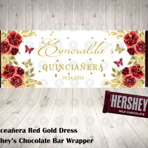 Red Gold Floral Princess Quinceanera 15th Birthday Sweet 16 Hershey's Wrapper