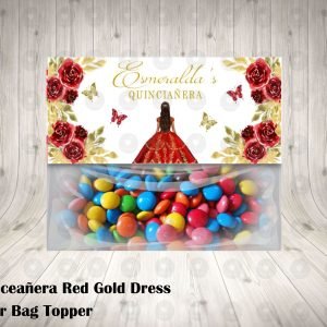 Red Gold Floral Princess Quinceanera 15th Birthday Sweet 16 Favor Bag Toppers