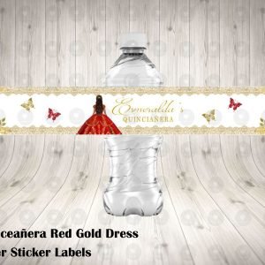 Red Gold Floral Princess Quinceanera 15th Birthday Sweet 16 Water Labels