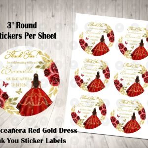 Red Gold Floral Princess Quinceanera 15th Birthday Sweet 16 3inch Round Thank You Stickers
