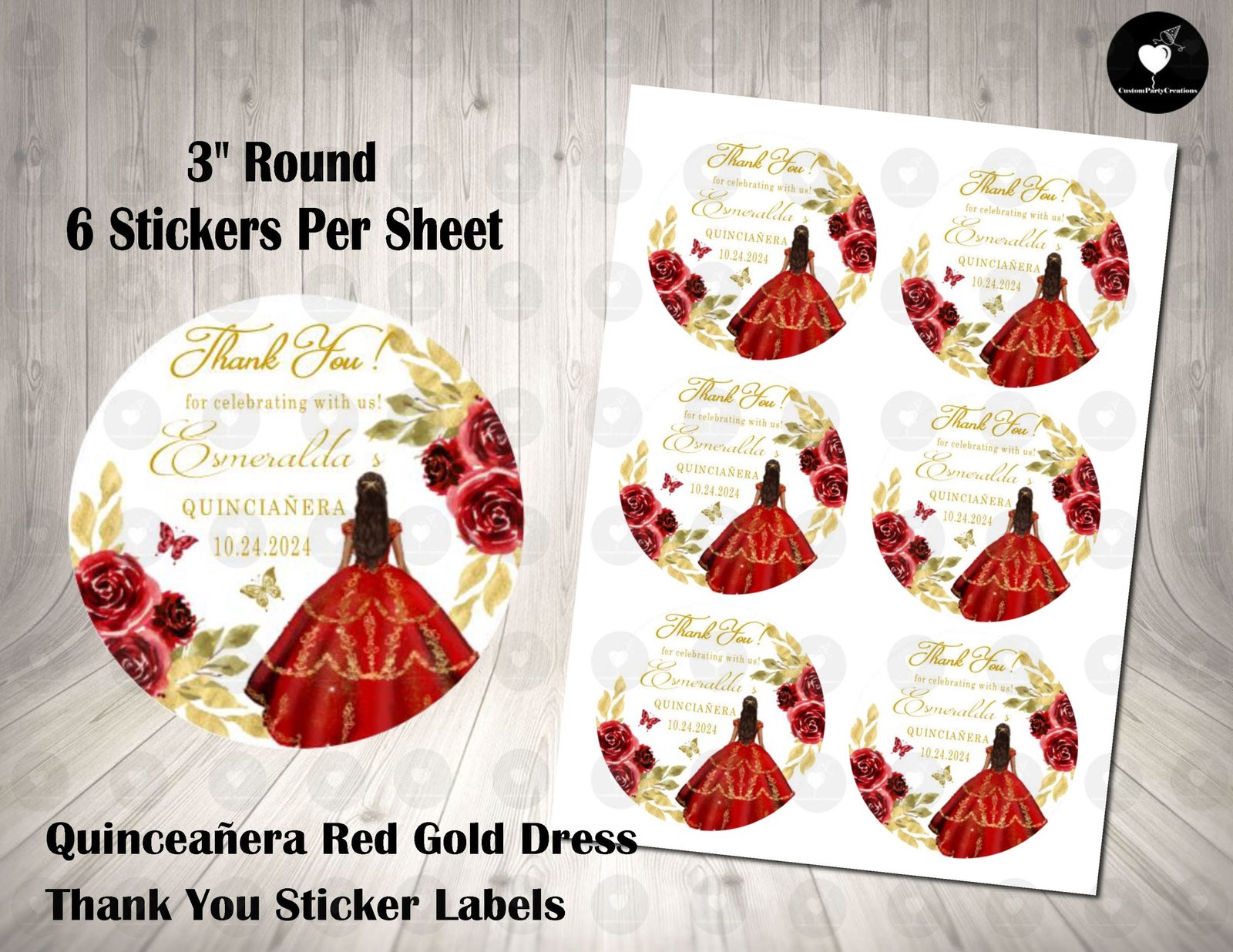 Red Gold Floral Princess Quinceanera 15th Birthday Sweet 16 3inch Round Thank You Stickers 1 Red Gold Floral Princess Quinceanera 15th Birthday Sweet 16 3inch Round Thank You Stickers