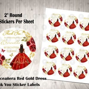 Red Gold Floral Princess Quinceanera 15th Birthday Sweet 16 2inch Round Thank You Stickers