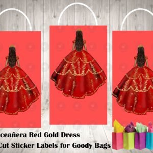 Red Gold Floral Princess Quinceanera 15th Birthday Sweet 16 Cut Goody Bag Labels