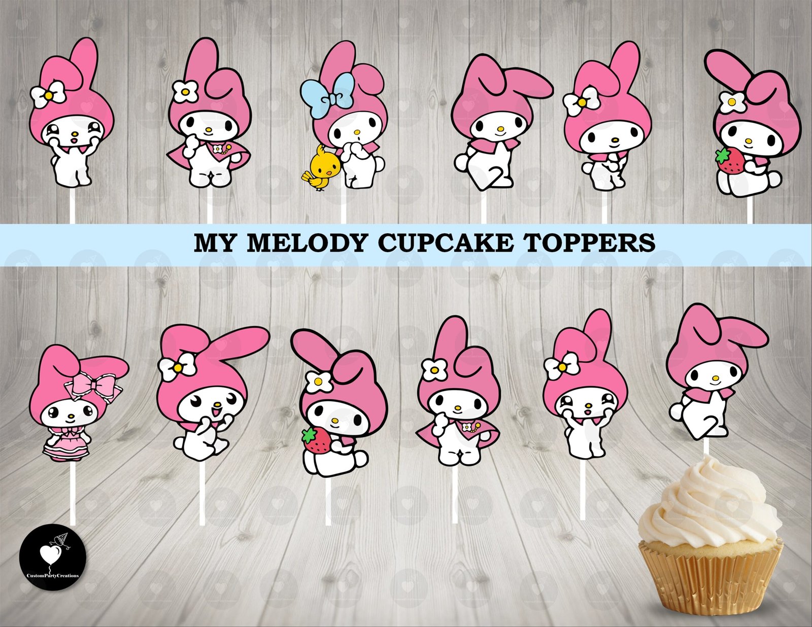 Custom Cartoon Bunny–Themed Cupcake Toppers (Made to Order) 1 My Melody Cupcake Toppers